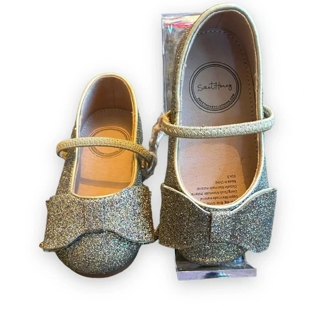 SweetHoney Girls Gold‎ Glitter Bow Mary Jane Dress Shoes Size 5 NEW